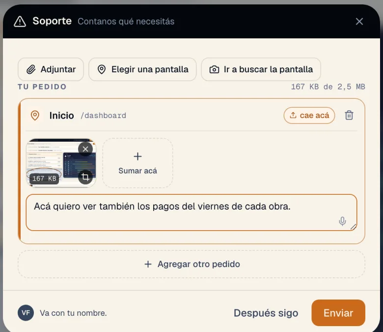 El pedido de Soporte con la captura y el texto, que va con tu nombre