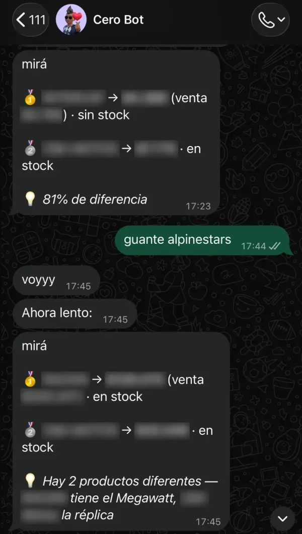 El bot de la repuestera compara precio y stock entre proveedores, con los proveedores y los precios borroneados