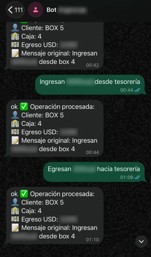 Uno de los primeros proyectos: un bot de WhatsApp que anotaba los ingresos y egresos de cada caja, con el negocio y los montos borroneados